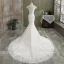 Charming White Trumpet / Mermaid Wedding Dresses 2021 Scoop Neck Pearl Lace Flower Cap Sleeves Chapel Train Wedding