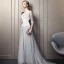Elegant Grey Evening Dresses  2019 A-Line / Princess Scoop Neck Beading Crystal Lace Flower Sequins 1/2 Sleeves Backless Court Train Formal Dresses