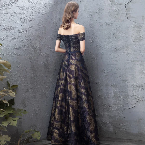 Elegant Navy Blue Prom Dresses 2019 A-Line / Princess Off-The-Shoulder Lace Rhinestone Short Sleeve Backless Floor-Length / Long Formal Dresses