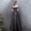 Elegant Navy Blue Prom Dresses 2019 A-Line / Princess Off-The-Shoulder Lace Rhinestone Short Sleeve Backless Floor-Length / Long Formal Dresses