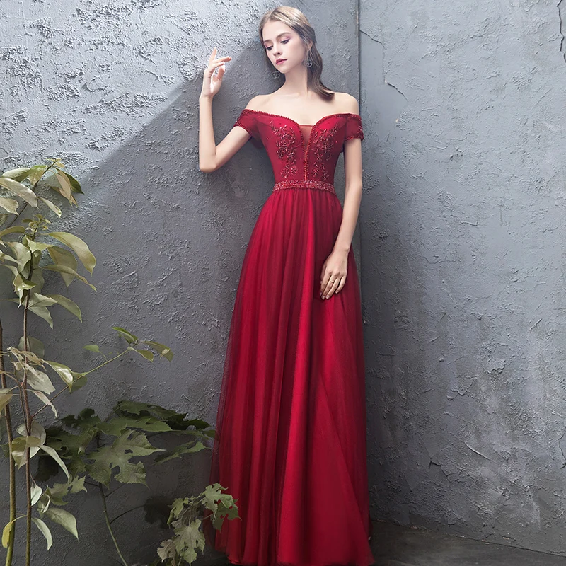 Charming Burgundy Evening Dresses 2019 A Line Princess Off The Shoulder  Beading Crystal Lace Flower Sequins Short Sleeve Backless Floor Length Long Formal  Dresses