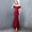 Scintillantes Bordeaux Robe De Soirée 2019 Trompette / Sirène De l'épaule Dentelle Paillettes Manches Courtes Dos Nu Ceinture Asymétrique Robe De Ceremonie