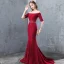 Scintillantes Bordeaux Robe De Soirée 2019 Trompette / Sirène De l'épaule Dentelle Paillettes Manches Courtes Dos Nu Ceinture Tribunal Train Robe De Ceremonie