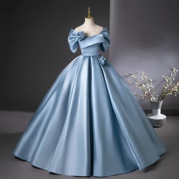 Élégant Bleu Ciel Robe De Bal 2025 Robe Boule De L Épaule Manches Courtes Dos Nu Longue Promo Robe De Ceremonie