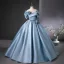 Elegant Sky Blue Prom Dresses 2025 Ball Gown Off-The-Shoulder Short Sleeve Backless Floor-Length / Long Prom Formal Dresses