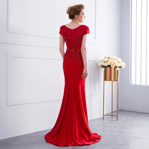 Schöne Rot Abendkleider 2018 Mermaid Perlenstickerei Pailletten Schleife Mit Spitze Blumen Rundhalsausschnitt Ärmel Sweep / Pinsel Zug Festliche Kleider