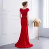 Chic / Beautiful Red Evening Dresses  2018 Trumpet / Mermaid Beading Sequins Bow Lace Flower Scoop Neck Cap Sleeves Sweep Train Formal Dresses