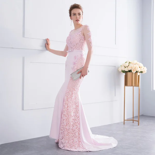 Chic / Belle Rose Bonbon Robe De Soirée 2018 Trompette / Sirène Dentelle Fleur Perlage Noeud Encolure Dégagée 1/2 Manches Dos Nu Train De Balayage Robe De Ceremonie