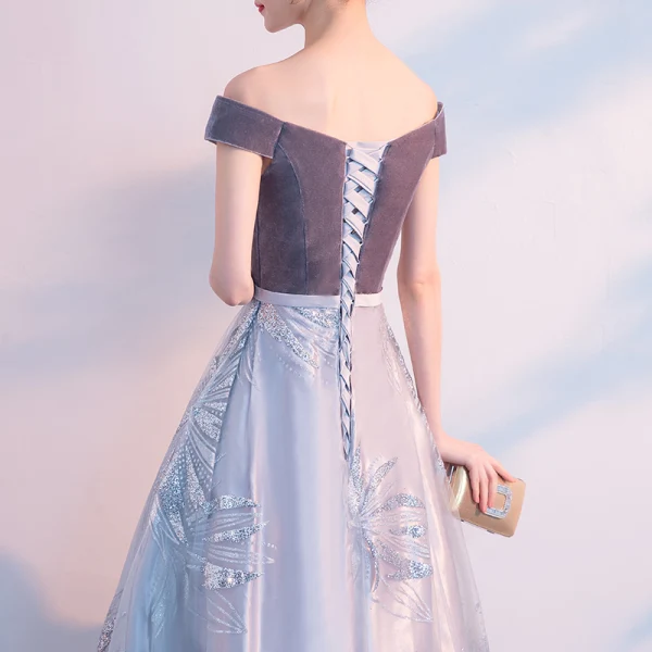 Elegant Grey Prom Dresses 2019 A-Line / Princess Suede Off-The-Shoulder Lace Short Sleeve Backless Floor-Length / Long Formal Dresses