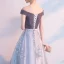 Elegant Grey Prom Dresses 2019 A-Line / Princess Suede Off-The-Shoulder Lace Short Sleeve Backless Floor-Length / Long Formal Dresses