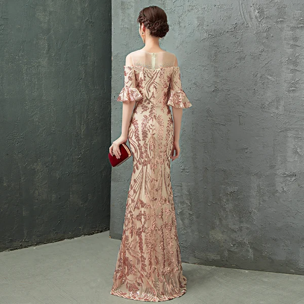 Charming Champagne Evening Dresses Trumpet / Mermaid 2019 Scoop Neck Sequins Rhinestone Bell sleeves Floor-Length / Long Formal Dresses