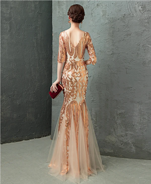 Charming Gold Evening Dresses 2019 Trumpet / Mermaid Scoop Neck Crystal Sequins 1/2 Sleeves Backless Floor-Length / Long Formal Dresses