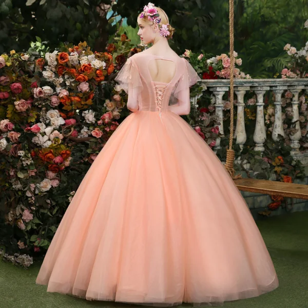 Affordable Pearl Pink Prom Dresses 2019 Ball Gown Scoop Neck Lace Appliques Pearl Short Sleeve Backless Floor-Length / Long Formal Dresses