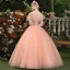 Affordable Pearl Pink Prom Dresses 2019 Ball Gown Scoop Neck Lace Appliques Pearl Short Sleeve Backless Floor-Length / Long Formal Dresses