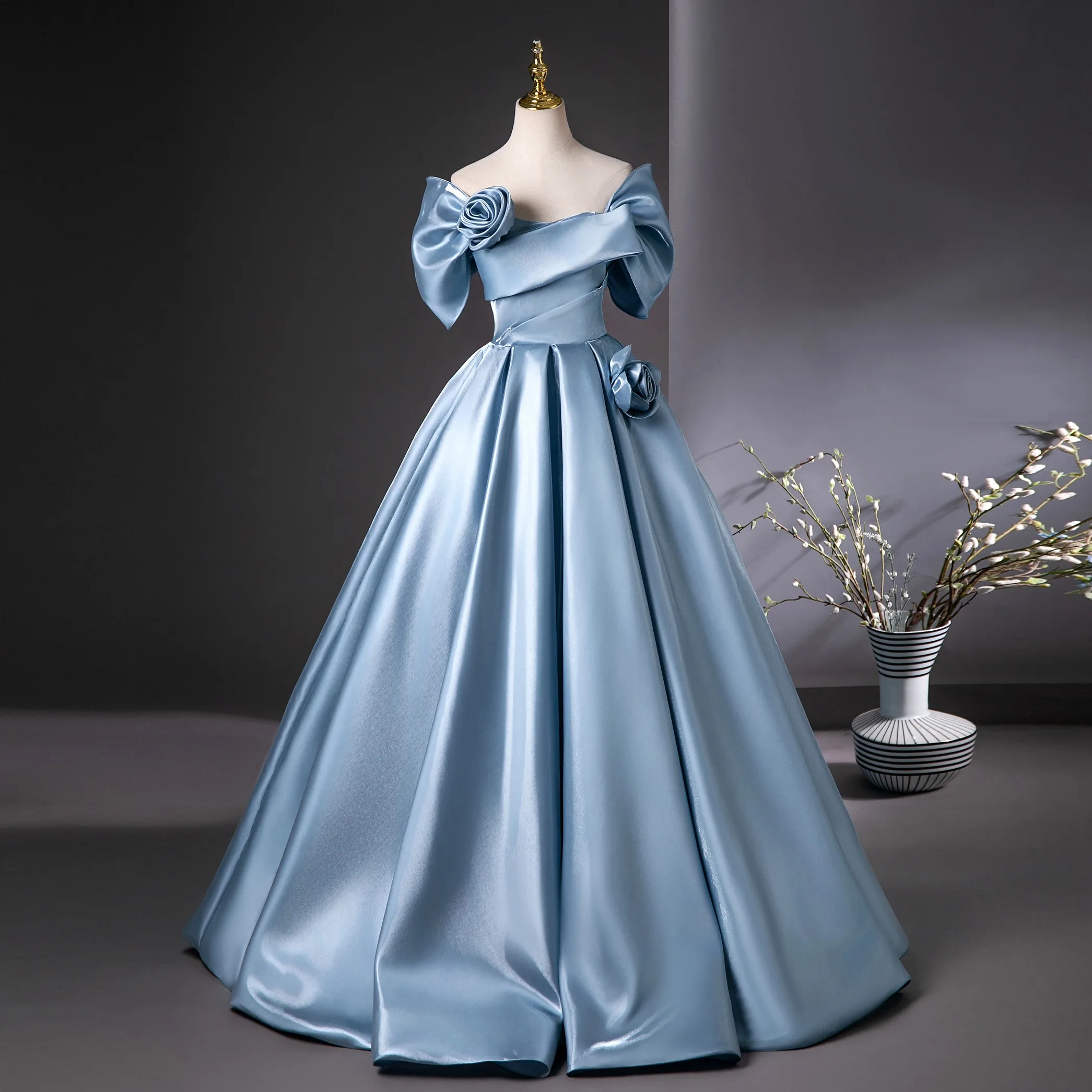 Elegant Sky Blue Prom Dresses 2025 Ball Gown Off The Shoulder Short Sleeve Backless Floor Length Long Prom Formal Dresses Elegant Sky Blue Prom Dresses 2025 Ball Gown Off The Shoulder Short Sleeve Backless Floor Length Long Prom Formal Dresses