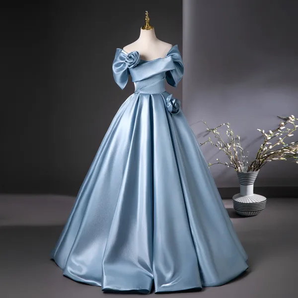 Elegant Sky Blue Prom Dresses 2025 Ball Gown Off-The-Shoulder Short Sleeve Backless Floor-Length / Long Prom Formal Dresses