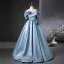 Elegant Sky Blue Prom Dresses 2025 Ball Gown Off-The-Shoulder Short Sleeve Backless Floor-Length / Long Prom Formal Dresses