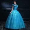 Affordable Cinderella Pool Blue Prom Dresses 2019 Ball Gown Glitter Tulle Scoop Neck Butterfly Appliques Sleeveless Backless Floor-Length / Long Formal Dresses