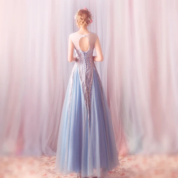 Elegant Sky Blue Prom Dresses 2019 A-Line / Princess Scoop Neck Glitter Sequins Tulle Sleeveless Backless Floor-Length / Long Formal Dresses