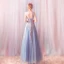 Elegant Sky Blue Prom Dresses 2019 A-Line / Princess Scoop Neck Glitter Sequins Tulle Sleeveless Backless Floor-Length / Long Formal Dresses