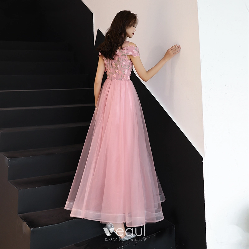 Chinese style Blushing Pink Prom Dresses 2019 A Line Princess High Neck Lace Flower Short Sleeve Backless Floor Length Long Formal Dresses