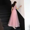 Chinesischer Stil Rosa Ballkleider 2019 A Linie Stehkragen Spitze Blumen Kurze Ärmel Rückenfreies Lange Festliche Kleider