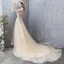 Élégant Champagne Robe De Soirée 2019 Princesse Encolure Dégagée En Dentelle Fleur Cristal Perlage Paillettes 1/2 Manches Dos Nu Chapel Train Robe De Ceremonie
