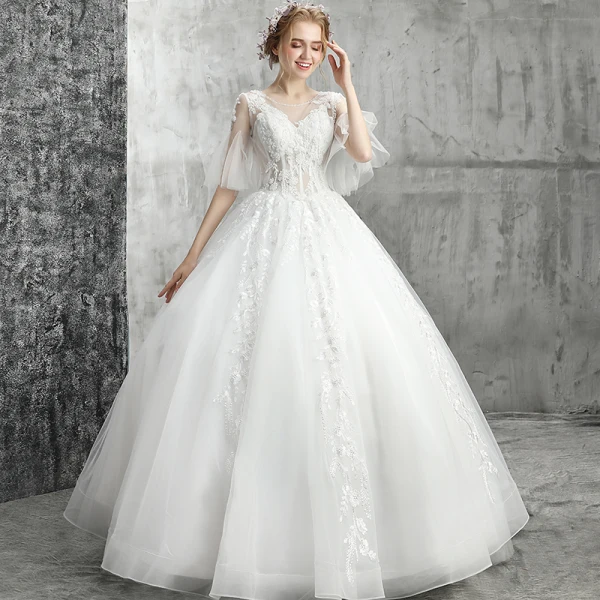 Elegante Weiß Brautkleider / Hochzeitskleider 2019 Ballkleid Rundhalsausschnitt Perlenstickerei Kristall Pailletten Blumen Spitze 1/2 Ärmel Rückenfreies Lange