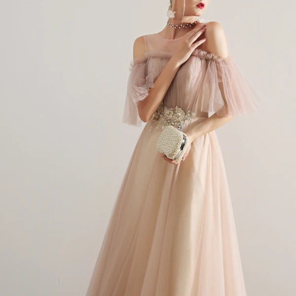 Elegant Champagne Prom Dresses 2019 A-Line / Princess Scoop Neck Beading Lace Appliques Ruffle Short Sleeve Backless Floor-Length / Long Formal Dresses
