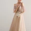 Elegant Champagne Prom Dresses 2019 A-Line / Princess Scoop Neck Beading Lace Appliques Ruffle Short Sleeve Backless Floor-Length / Long Formal Dresses