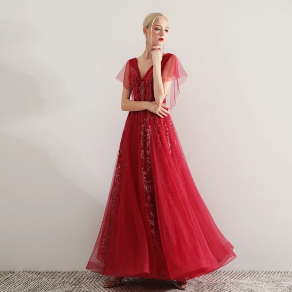 Chic / Beautiful Burgundy Evening Dresses  2019 A-Line / Princess V-Neck Lace Appliques Beading Crystal Short Sleeve Backless Floor-Length / Long Formal Dresses