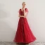 Chic / Beautiful Burgundy Evening Dresses  2019 A-Line / Princess V-Neck Lace Appliques Beading Crystal Short Sleeve Backless Floor-Length / Long Formal Dresses