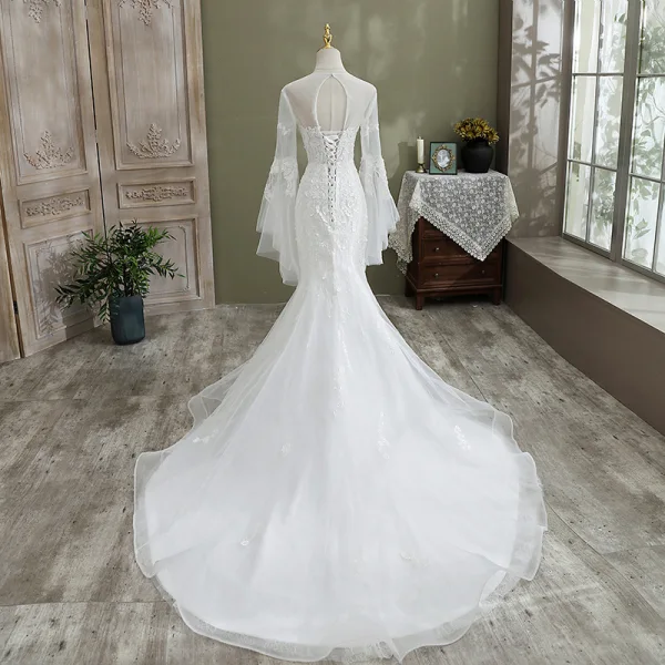 Elegant White Trumpet / Mermaid Wedding Dresses 2021 Scoop Neck Beading Lace Flower Long Sleeve Backless Cathedral Train Wedding