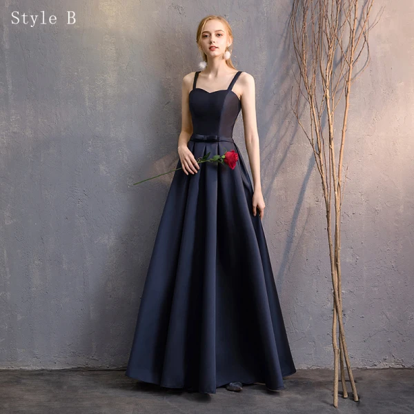 Modest / Simple Navy Blue A-Line / Princess Bridesmaid Dresses 2019 Bow Backless Floor-Length / Long Wedding Party Dresses