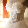 Chic / Beautiful White Wedding Dresses 2019 A-Line / Princess See-through Strapless Appliques Lace Flower Sleeveless Backless Floor-Length / Long