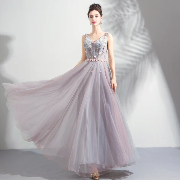 Elegant Blushing Pink Prom Dresses 2019 A-Line / Princess V-Neck Beading Pearl Crystal Appliques Sleeveless Backless Floor-Length / Long Formal Dresses