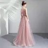 Chic / Beautiful Pearl Pink Prom Dresses 2019 A-Line / Princess Scoop Neck Embroidered Pearl Rhinestone Sleeveless Backless Floor-Length / Long Formal Dresses