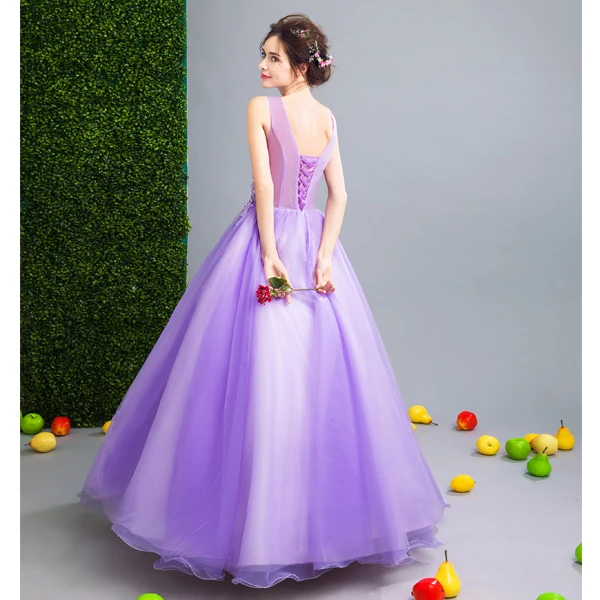 Affordable Lilac Prom Dresses 2019 A-Line / Princess V-Neck Appliques Lace Flower Beading Crystal Sleeveless Backless Floor-Length / Long Formal Dresses