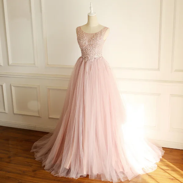 Chic / Beautiful Blushing Pink Prom Dresses 2018 A-Line / Princess Lace Appliques Beading Pearl Rhinestone Scoop Neck Sleeveless Sweep Train Formal Dresses