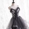 Moda Gris Ruffle Vestidos de gala 2021 A-Line / Princess Spaghetti Straps Rebordear Lentejuelas Sin Mangas Sin Espalda Largos Gala Vestidos Formales