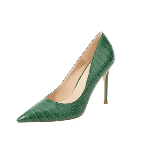 Chic / Beautiful Black Office OL Alligator Print Pumps 2021 Leather 8 cm Stiletto Heels Pointed Toe Pumps High Heels