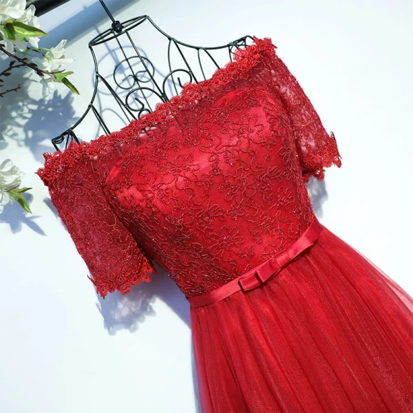 Luxury / Gorgeous Red Formal Dresses 2017 Lace Flower Bow Sequins Square Neckline Short Sleeve Floor-Length / Long A-Line / Princess Evening Dresses