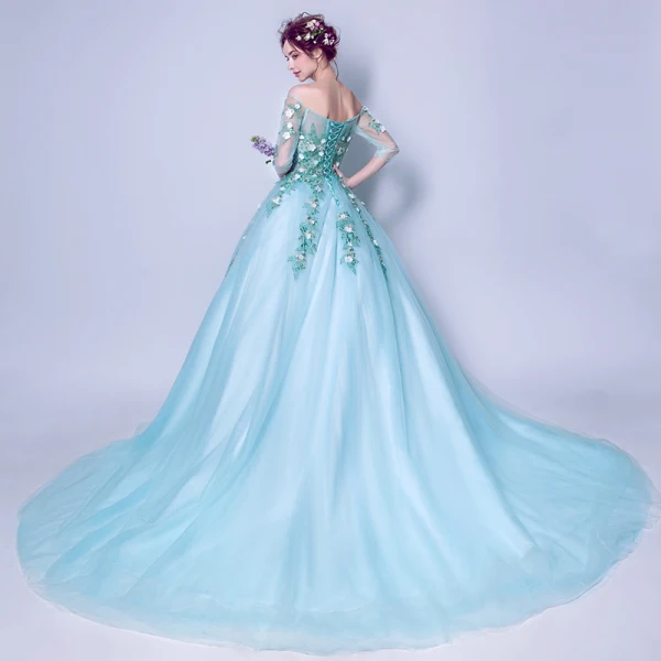 Affordable Pool Blue Prom Dresses 2019 A-Line / Princess Off-The-Shoulder Appliques Embroidered 1/2 Sleeves Backless Formal Dresses