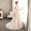 Modern / Fashion Champagne Wedding Dresses 2019 A-Line / Princess V-Neck Beading Pearl Lace Flower Sleeveless Backless Court Train