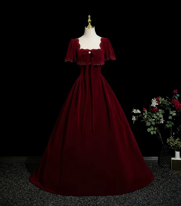 Chic / Beautiful Burgundy Beading Velvet Prom Dresses 2025 Ball Gown Square Neckline Short Sleeve Backless Floor-Length / Long Formal Dresses