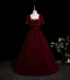 Chic / Beautiful Burgundy Beading Velvet Prom Dresses 2025 Ball Gown Square Neckline Short Sleeve Backless Floor-Length / Long Formal Dresses
