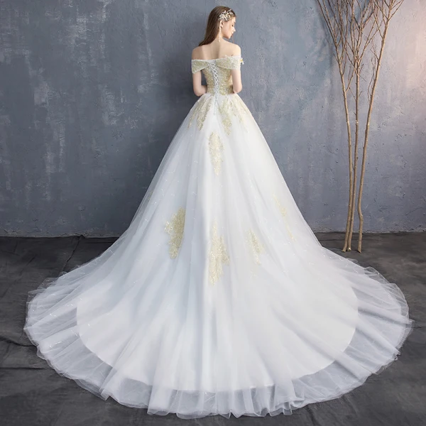 Élégant Blanche Robe De Mariée 2019 Princesse De l'épaule En Dentelle Fleur Paillettes Manches Courtes Dos Nu Cathedral Train