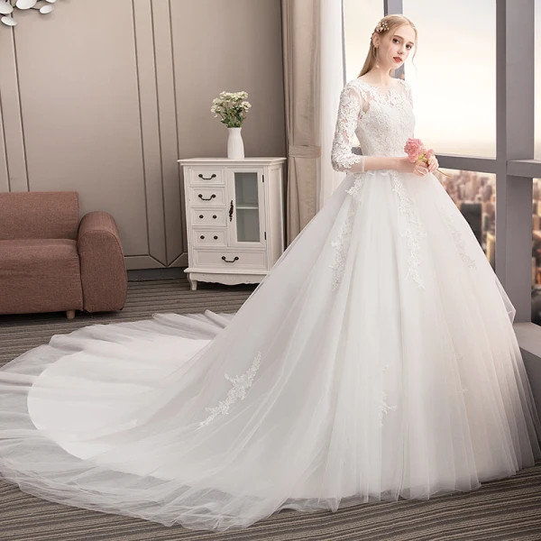 Snygga / Fina Elfenben Bröllopsklänningar 2019 Prinsessa Urringning Spets Blomma 3/4 ärm Halterneck Cathedral Train