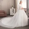 Chic / Beautiful Ivory Wedding Dresses 2019 A-Line / Princess Scoop Neck Lace Flower 3/4 Sleeve Backless Cathedral Train