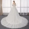 Charming Ivory Wedding Dresses 2019 A-Line / Princess Off-The-Shoulder Lace Flower Short Sleeve Backless Cathedral Train